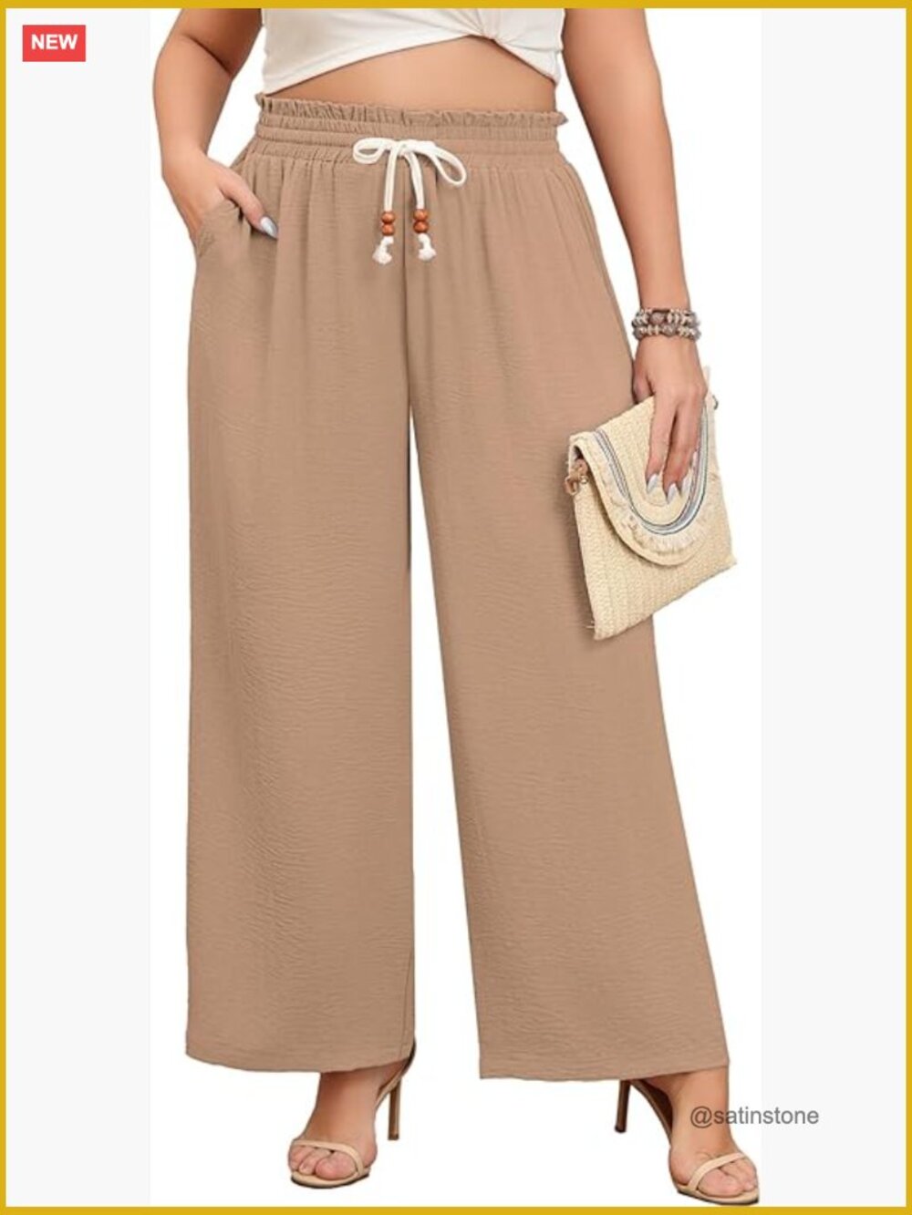 Plus Size Wide Leg Palazzo Pants Elastic High Waisted Drawstring Trousers with